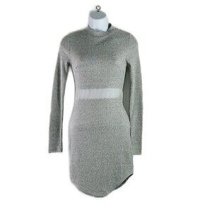Rumor - Long Sleeve Grey Ribbed Knit Dress with Mesh Detail - XS